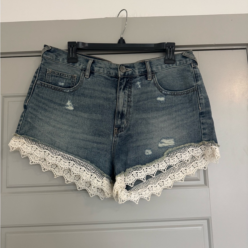 Free People Blue and White Jean Shorts with Lace Trim